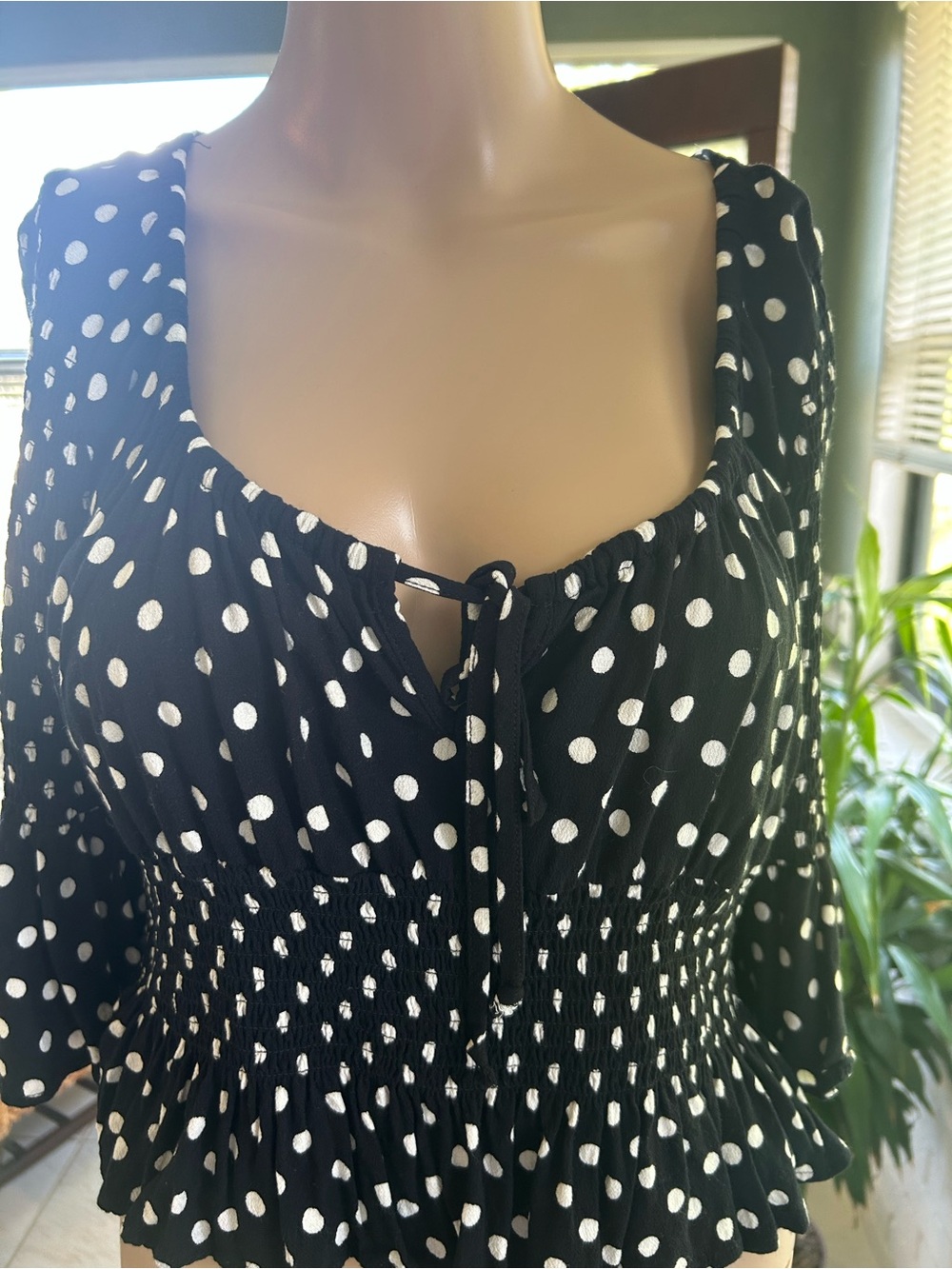 Free People Black & White Polka Dot Smocked Peplum Top
